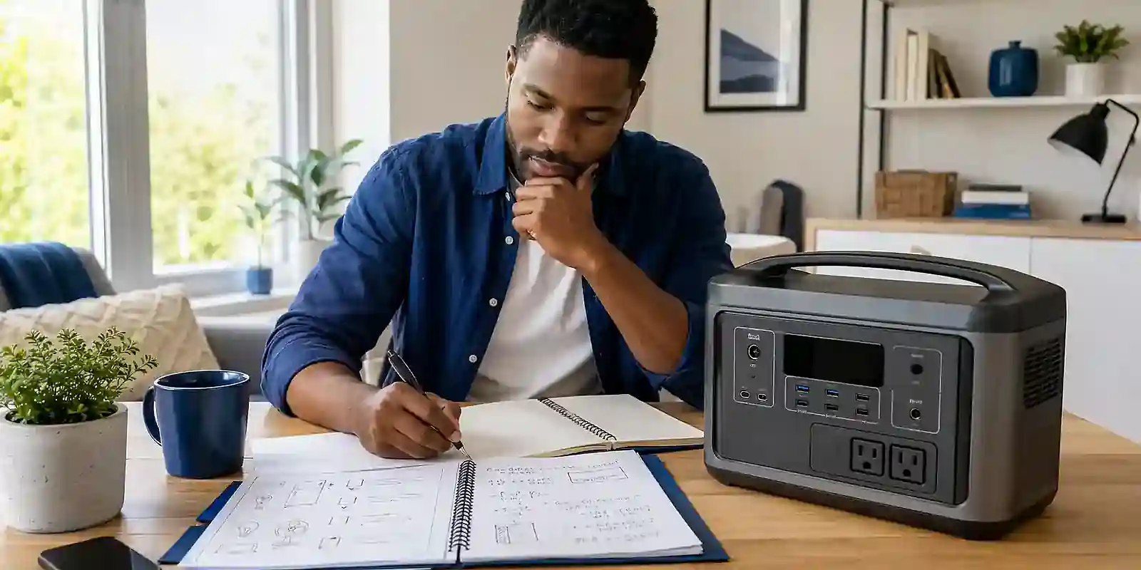 A clean planning scene showing a portable power station, a short appliance checklist, budget notes, and a capacity estimate framed around essentials first.