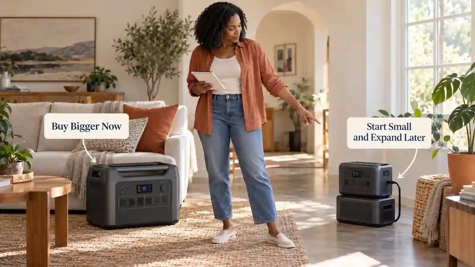 A Black homeowner compares a larger power station with a smaller expandable system. Labels identify the two buying paths