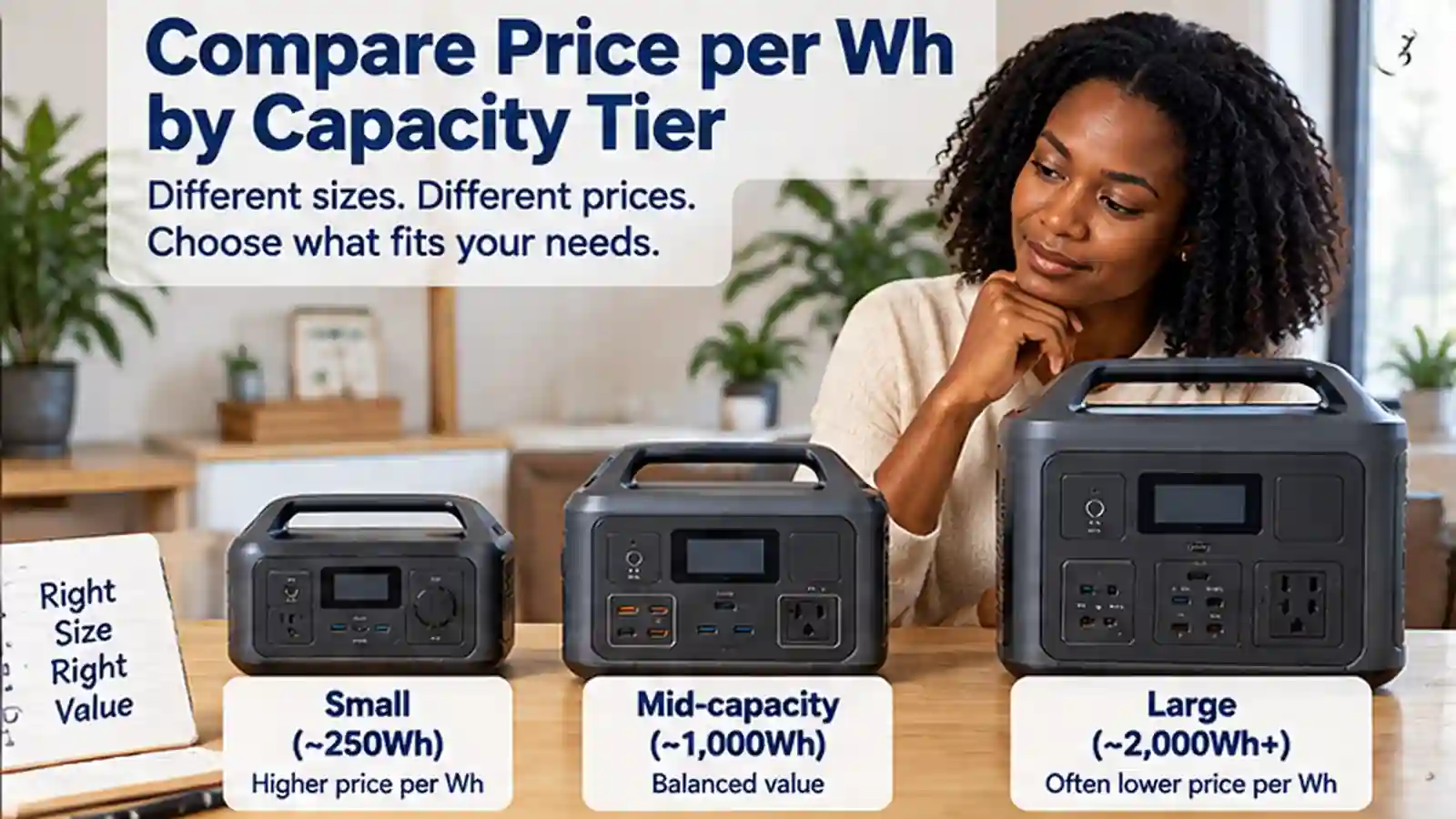 A budget-conscious buyer compares three portable power stations of different sizes to judge value by capacity tier.