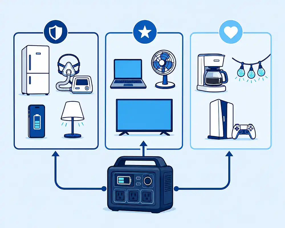 A simple visual dividing appliances into must-run, nice-to-have, and optional categories for portable power planning.