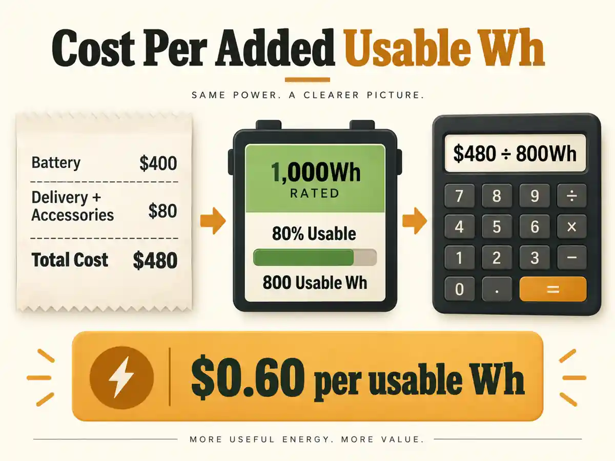 A calculation infographic combines delivered cost and usable energy. It shows how the example reaches $0.60 per usable Wh