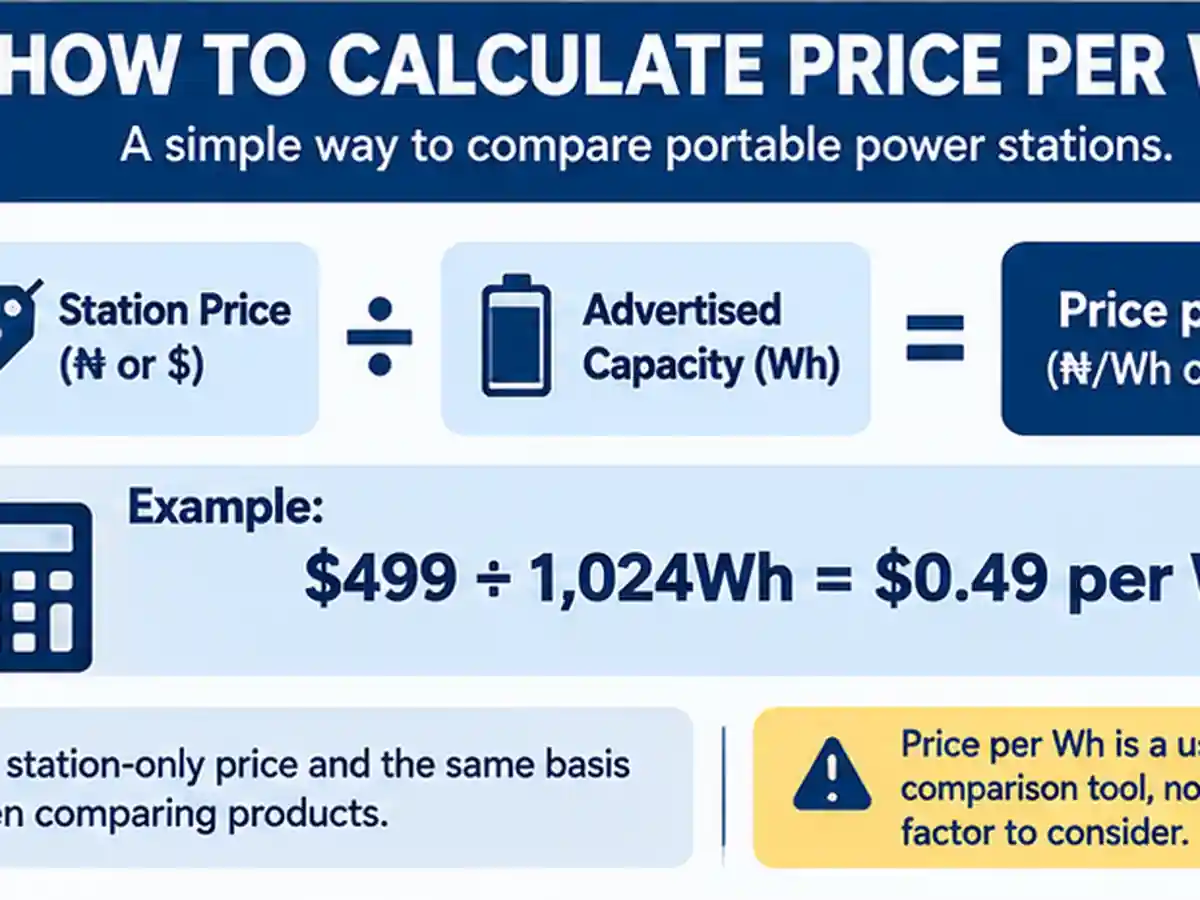 A simple infographic shows station price divided by advertised watt-hours to calculate price per Wh.