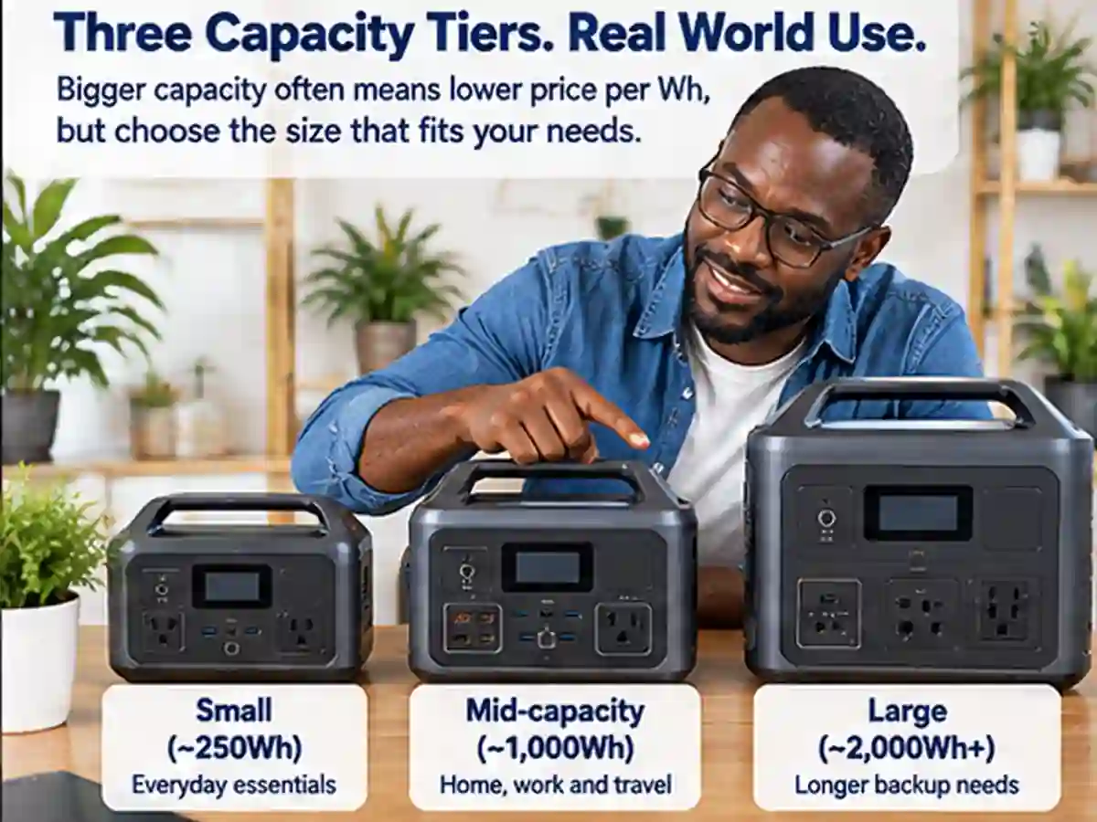 A different buyer compares small, mid-capacity and large portable power stations to understand how capacity tier affects price per Wh. A different buyer compares small, mid-capacity and large portable power stations to understand how capacity tier affects price per Wh.