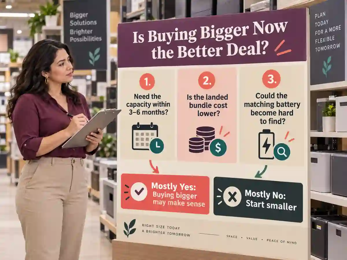 A three-question graphic checks timing, landed cost and battery availability. The answers point toward buying bigger or starting smaller.