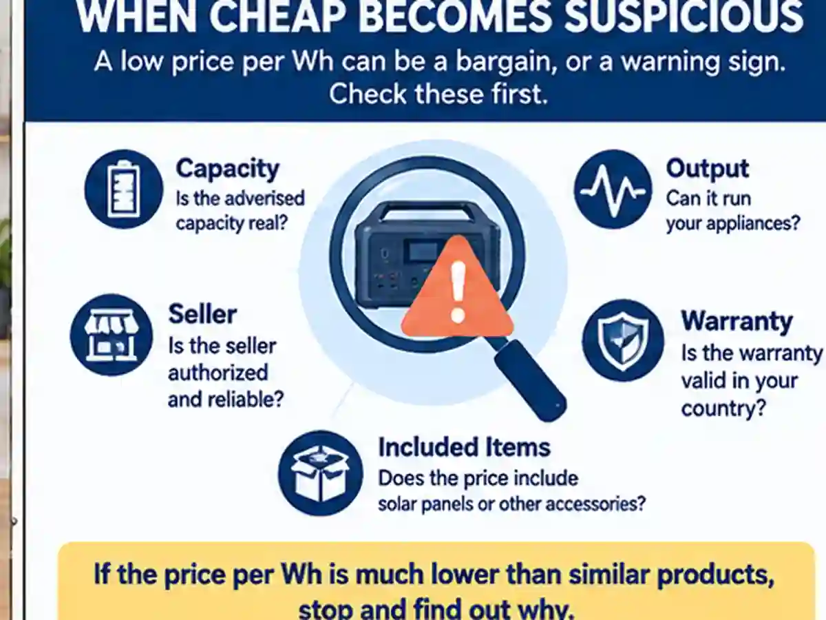 A low price-per-Wh offer is checked against capacity, output, seller, warranty and included accessories.
