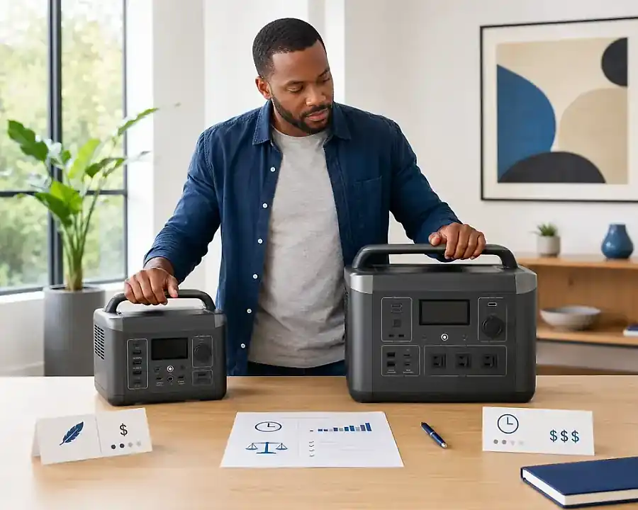 A side-by-side comparison of smaller and larger capacity choices with notes on runtime gain, price increase, and portability trade-off.