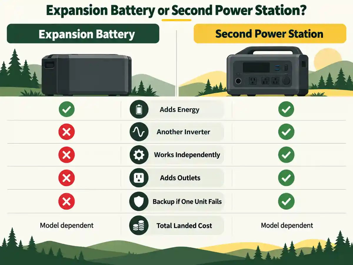 A side-by-side graphic compares an expansion battery with a second power station across six practical buying factors.