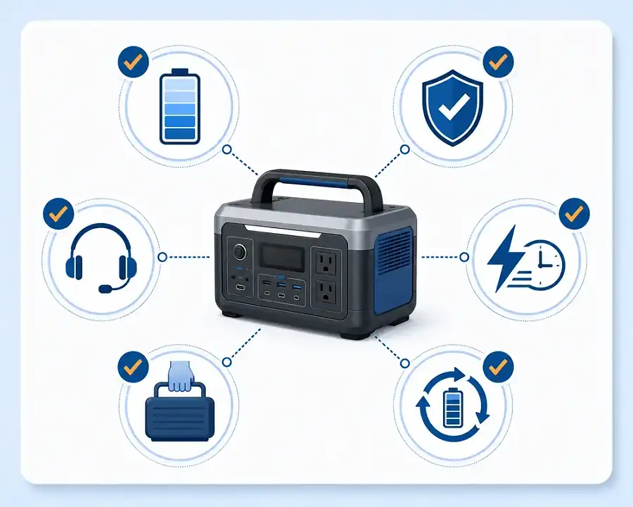 A checklist visual comparing battery size, warranty, support, recharge speed, portability, and long-term usability.