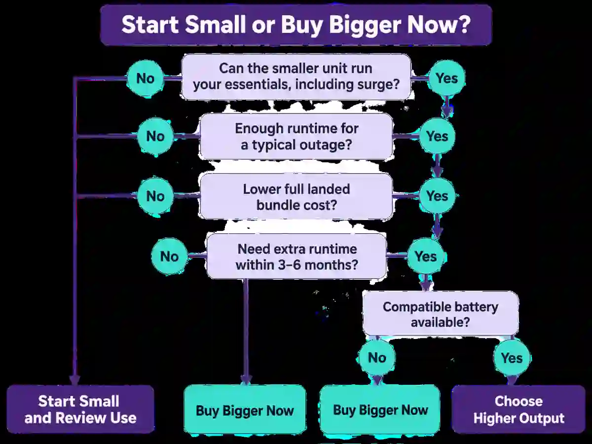 A yes-or-no flowchart checks output, runtime, cost, timing and availability before recommending one of three buying paths.