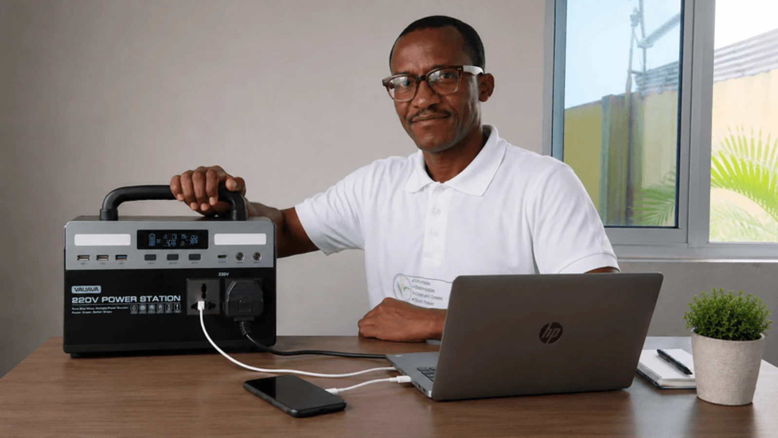 Me Holding A Portable Power Station That I use For Backup In My Home Office At my Office