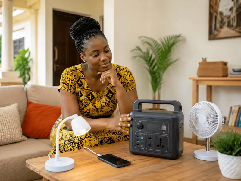 A woman relaxed in her cozy living room examining examining her newly purchased portable power station