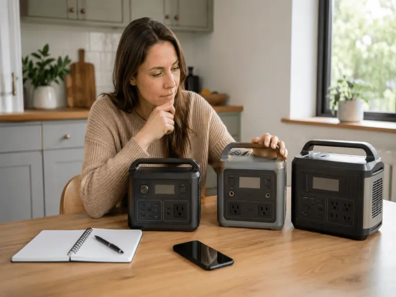 Woman comparing portable power stations at home to make a budget-friendly buying decision.