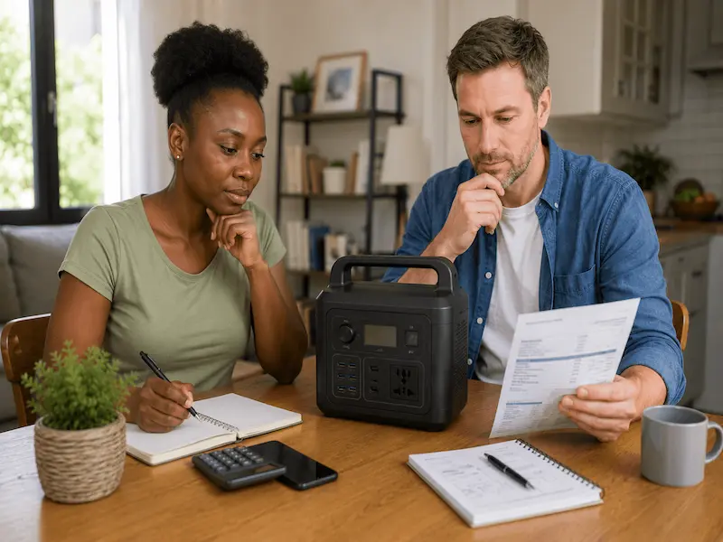Two adults reviewing a portable power station and household notes while thinking about cost, value, and alternatives.