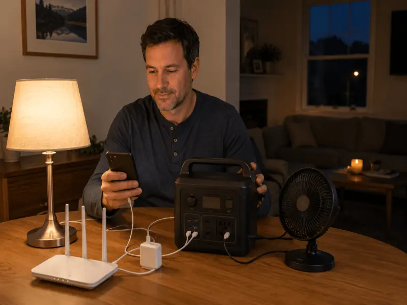 Man using a portable power station at home to keep essential devices running during a power outage.