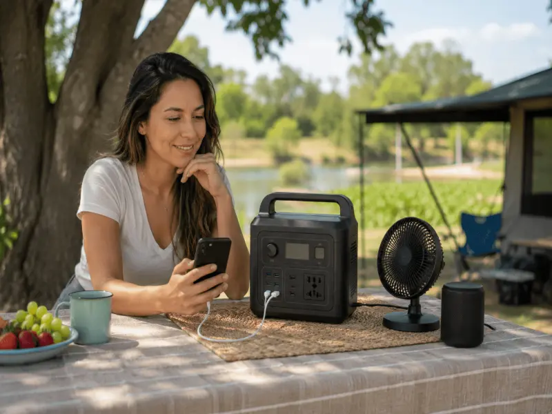 Woman using a portable power station outdoors on a patio for simple everyday power needs.