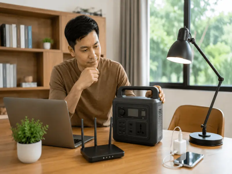 Man in a home setting reviewing a portable power station with everyday devices to understand sizing and runtime.
