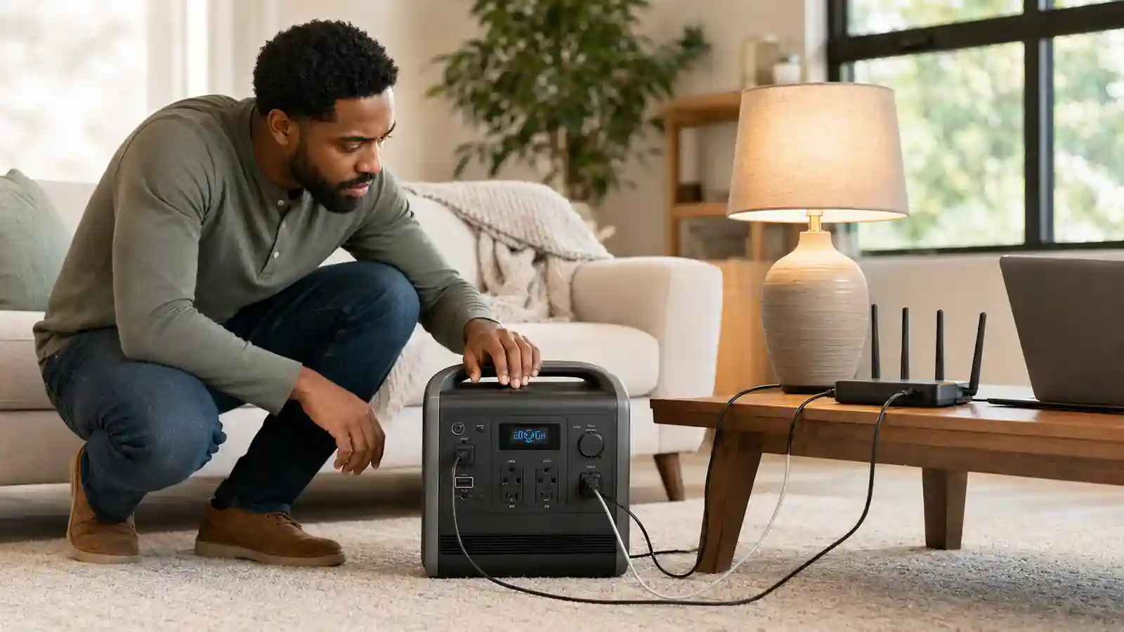 A man with solar generator fridge